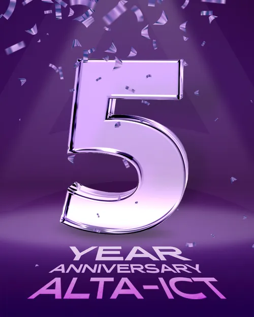5 jaar jubileum ALTA-ICT met paarse achtergrond en confetti