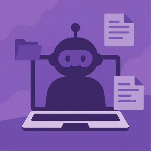 Illustratie van AI-robot die documenten verwerkt via een laptop, in paarse stijl.