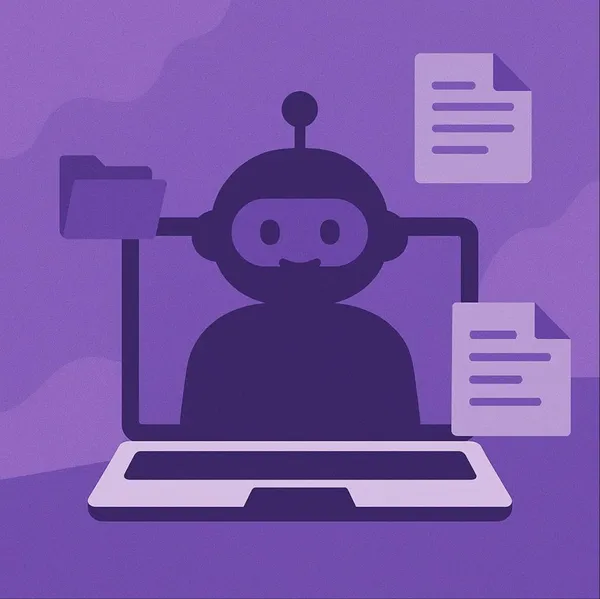 Illustratie van AI-robot die documenten verwerkt via een laptop, in paarse stijl.