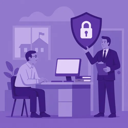 Illustratie van MKB-medewerker en IT-specialist die databeveiliging bespreken op kantoor Illustratie van MKB-medewerker en IT-specialist die databeveiliging bespreken op kantoor