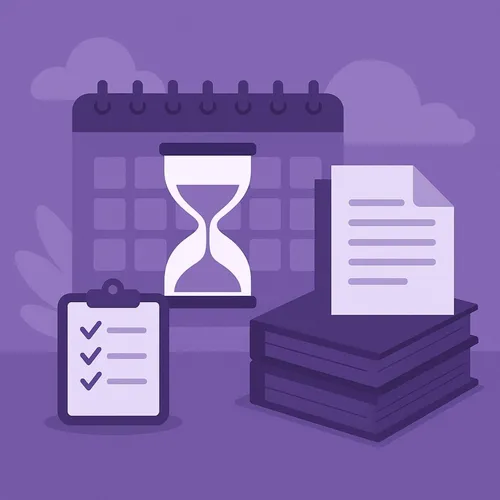 Illustratie van documentbeheer met een checklist, zandloper, kalender en stapel documenten – symbool voor bewaartermijnen en compliance.