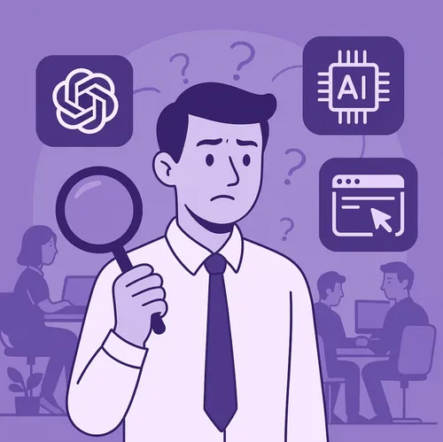Illustratie van een bezorgde werknemer met vergrootglas, omringd door AI-symbolen in een zakelijke werkomgeving Illustratie van een bezorgde werknemer met vergrootglas, omringd door AI-symbolen in een zakelijke werkomgeving