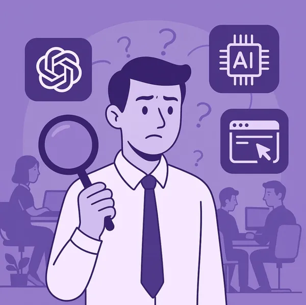 Illustratie van een bezorgde werknemer met vergrootglas, omringd door AI-symbolen in een zakelijke werkomgeving