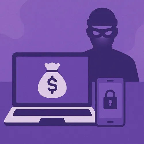 Illustratie van een cybercrimineel achter laptop en smartphone met slot-icoon Illustratie van een cybercrimineel achter laptop en smartphone met slot-icoon