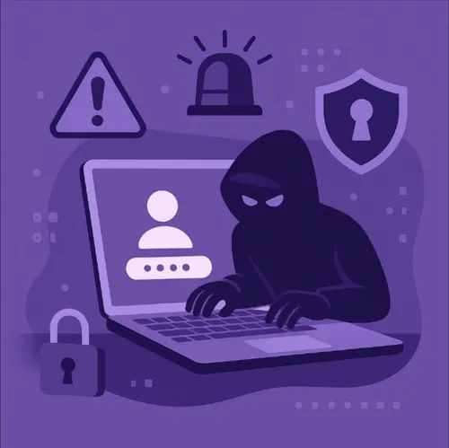 Illustratie van een hacker achter een laptop met waarschuwingssymbolen, gericht op cybersecurityrisico’s.