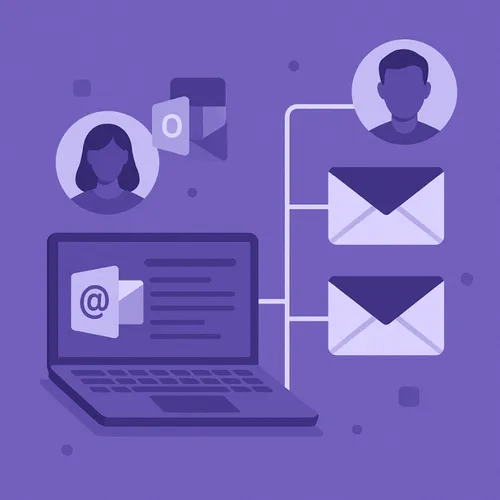 Illustratie van gedeelde mailboxen in Outlook met laptop en e-mailverbinding tussen gebruikers Illustratie van gedeelde mailboxen in Outlook met laptop en e-mailverbinding tussen gebruikers