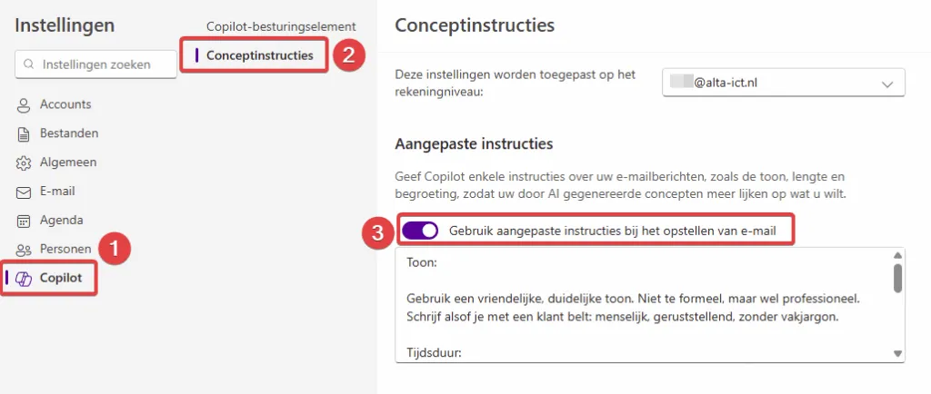 Instellingen voor aangepaste Copilot-e-mailinstructies in Microsoft 365.