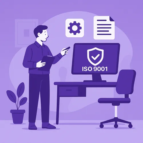 Kantoorprofessional controleert ISO 9001-certificering op computerscherm