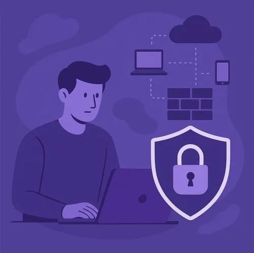 Man werkt op laptop met visuele elementen van cybersecurity en netwerkbeveiliging. Man werkt op laptop met visuele elementen van cybersecurity en netwerkbeveiliging.