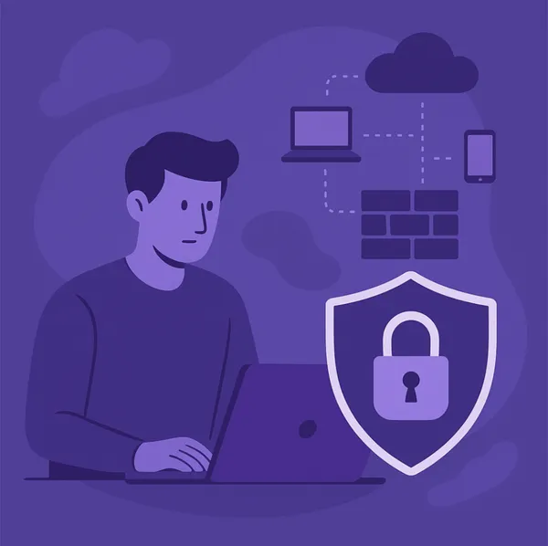 Man werkt op laptop met visuele elementen van cybersecurity en netwerkbeveiliging.