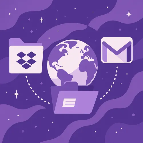 Parallel IT-universum met Dropbox, Gmail en wereldbol in paarse stijl