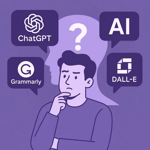 Twijfelende werknemer omringd door AI-tools zoals ChatGPT, Grammarly en DALL·E Twijfelende werknemer omringd door AI-tools zoals ChatGPT, Grammarly en DALL·E