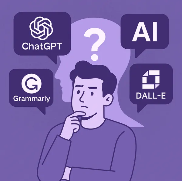 Twijfelende werknemer omringd door AI-tools zoals ChatGPT, Grammarly en DALL·E