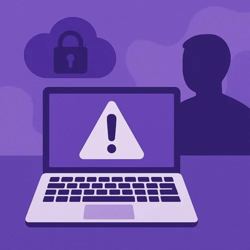 Veiligheidswaarschuwing op laptop over privécloudgebruik op werkdevice Veiligheidswaarschuwing op laptop over privécloudgebruik op werkdevice