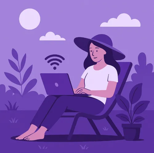 Vrouw werkt met laptop in de tuin tijdens de zomer Vrouw werkt met laptop in de tuin tijdens de zomer