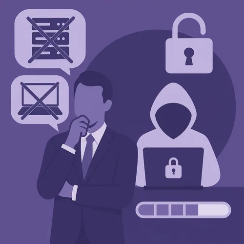 Zorgelijke ondernemer tegenover hacker en IT-storingen Zorgelijke ondernemer tegenover hacker en IT-storingen