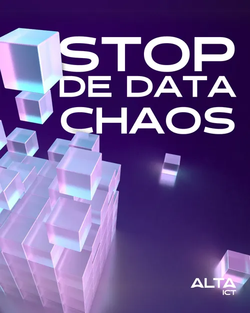 Afbeelding met tekst ‘Stop de data chaos’ en zwevende kubussen, ALTA-ICT logo onderin Afbeelding met tekst 'Stop de data chaos' en zwevende kubussen, ALTA-ICT logo onderin