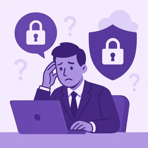 Bezorgde ondernemer achter laptop met cyberbeveiligingssymbolen