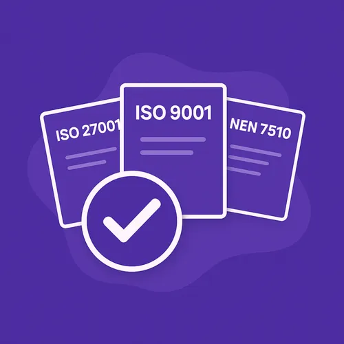 Illustratie van ISO 27001, ISO 9001 en NEN 7510 certificeringen met een controlemarkering, op paarse achtergrond Illustratie van ISO 27001, ISO 9001 en NEN 7510 certificeringen met een controlemarkering, op paarse achtergrond