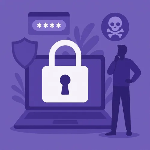 Illustratie van digitale beveiliging met hangslot, laptop en waarschuwingsicoon