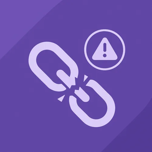 Illustratie van een gebroken link met waarschuwingssymbool in ALTA-ICT paars