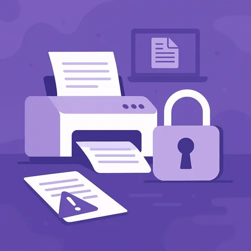 Illustratie van printer, document en slot als symbool voor printbeveiliging in het MKB
