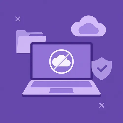 Laptop met blokkade-icoon voor cloudopslag, omgeven door beveiligingssymbolen.