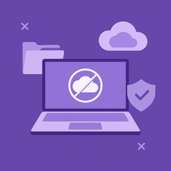 Laptop met blokkade-icoon voor cloudopslag, omgeven door beveiligingssymbolen.