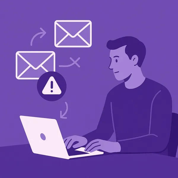 Man aan laptop met e-mail waarschuwing en verzendproblemen