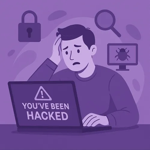 Man in paniek achter laptop met melding ‘You’ve been hacked’ Man in paniek achter laptop met melding 'You've been hacked'