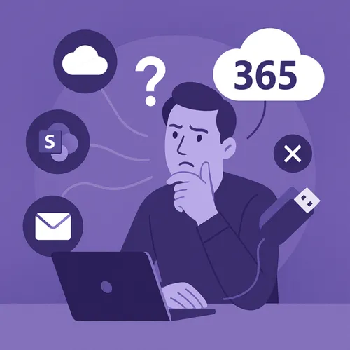 Twijfelende man achter laptop met symbolen van cloud, SharePoint, e-mail en USB in context van Microsoft 365 migratie