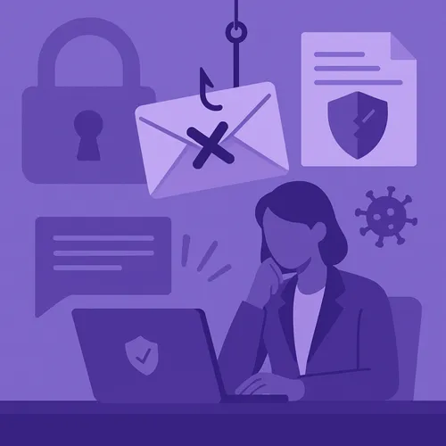 Vrouw achter laptop met phishingmail aan haak, symbool voor cyberdreiging en security awareness.