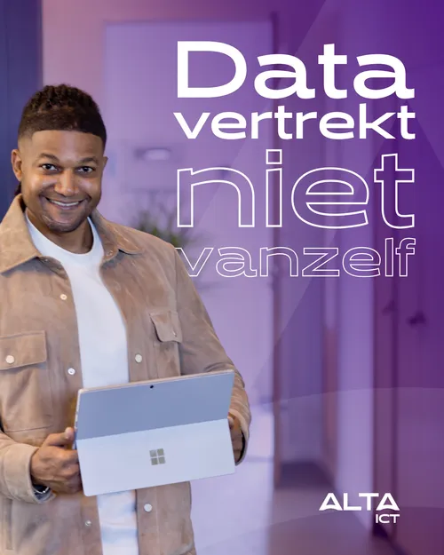 ALTA-ICT campagnebeeld met tekst ‘Data vertrekt niet vanzelf’ over veilig offboarding en databeheer ALTA-ICT campagnebeeld met tekst 'Data vertrekt niet vanzelf' over veilig offboarding en databeheer