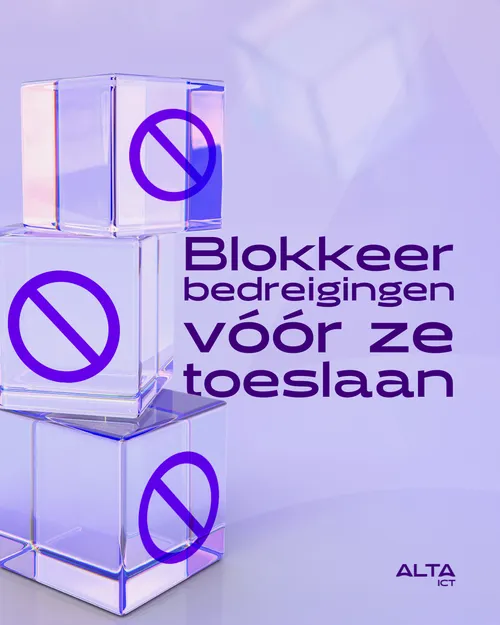 ALTA-ICT visual met paarse 3D blokken en tekst ‘Blokkeer bedreigingen vóór ze toeslaan’ over DNS-filtering en cybersecurity