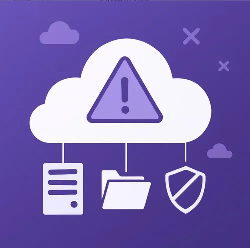 Cloud met waarschuwingsteken en symbolen voor server, bestanden en beveiliging