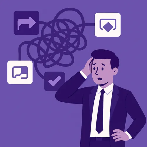 MKB-manager kijkt bezorgd naar een wirwar van Power Platform-flows zonder overzicht MKB-manager kijkt bezorgd naar een wirwar van Power Platform-flows zonder overzicht