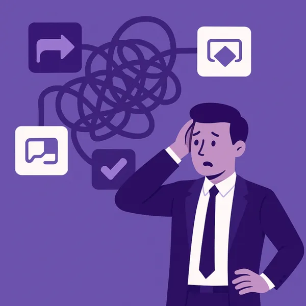 MKB-manager kijkt bezorgd naar een wirwar van Power Platform-flows zonder overzicht