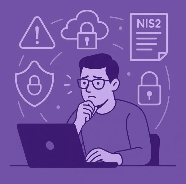 MKB'er kijkt bezorgd naar laptop vanwege NIS2 en beveiliging