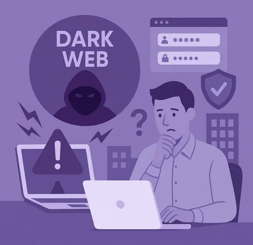 Man kijkt bezorgd naar laptop met waarschuwing over dark web en datalekken
