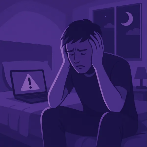 Man zit bezorgd op bed met laptop die waarschuwingssymbool toont, 's nachts.