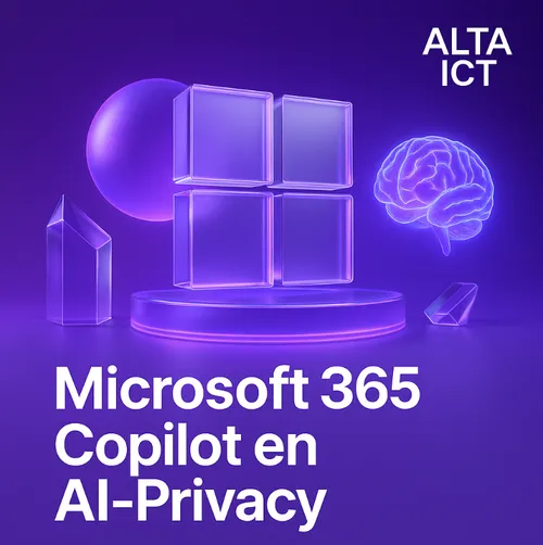Microsoft 365 Copilot en AI-privacy visual met ALTA-ICT branding en futuristisch paars 3D design