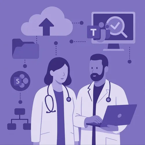 Zorgmedewerkers met laptop, omringd door Microsoft 365 iconen zoals Teams, SharePoint en cloudopslag.