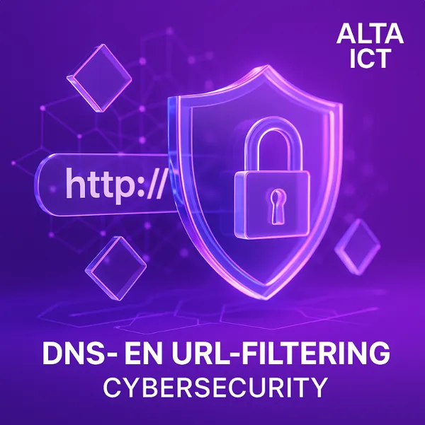 uturistische 3D-illustratie van DNS- en URL-filtering cybersecurity met ALTA-ICT logo