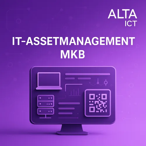 ALTA-ICT IT-assetmanagement MKB dashboard met laptop, server en QR-code pictogram op paarse achtergrond