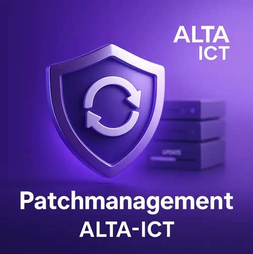 ALTA-ICT patchmanagement schild met update-icoon op paarse achtergrond ALTA-ICT patchmanagement schild met update-icoon op paarse achtergrond