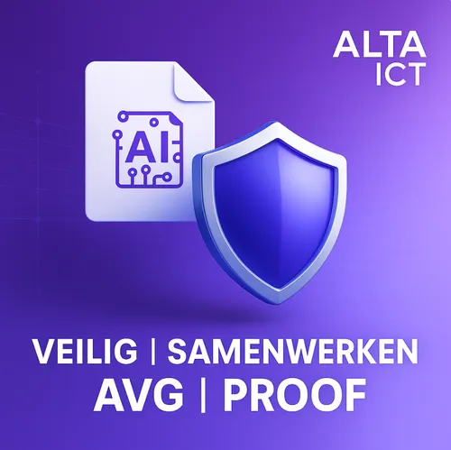 ALTA-ICT visual met AI-document en schild, tekst ‘Veilig Samenwerken AVG Proof’ op paarse achtergrond