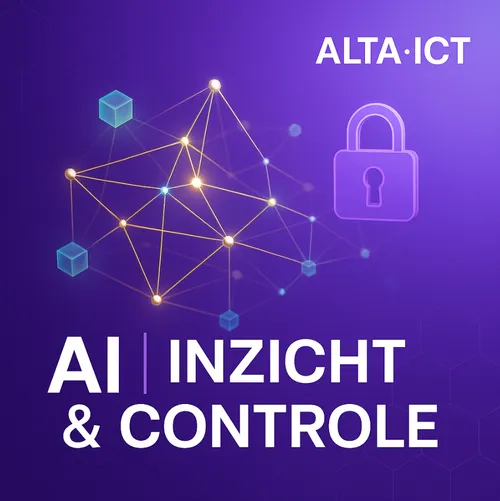 ALTA-ICT visual met AI-neuraal netwerk, datacubes en hangslot, tekst ‘AI Inzicht & Controle’ ALTA-ICT visual met AI-neuraal netwerk, datacubes en hangslot, tekst ‘AI Inzicht & Controle’