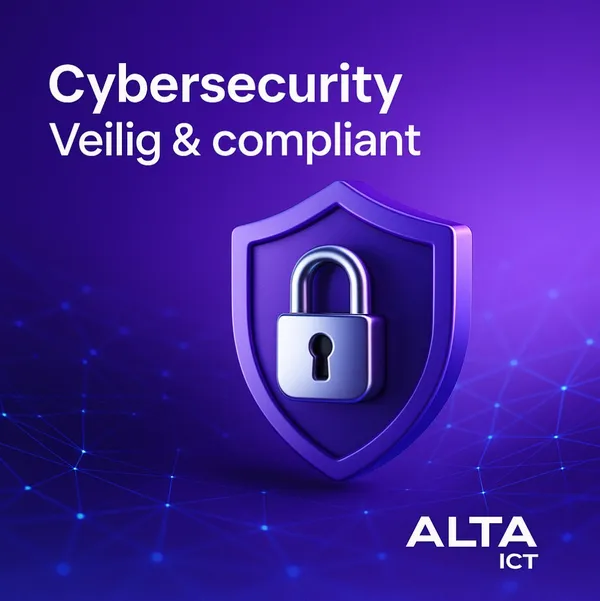 Cybersecurity paars schild met slot en ALTA-ICT logo