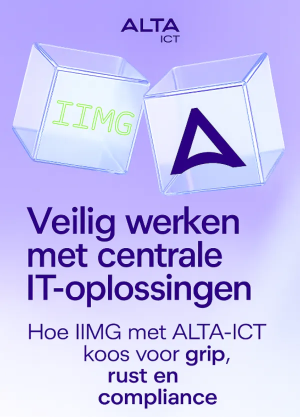 Klantcase IIMG en ALTA-ICT – veilig werken met centrale IT-oplossingen, met twee 3D-blokken en paarse achtergrond