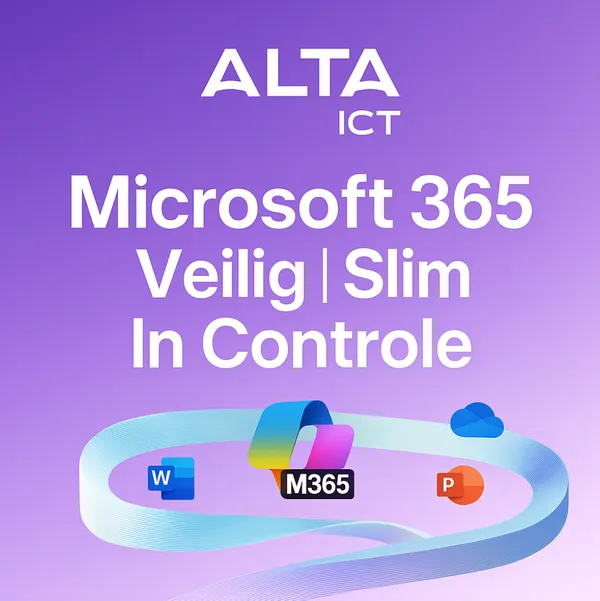 Microsoft 365 visueel met ALTA-ICT logo, paarse achtergrond en M365 icoonlint
